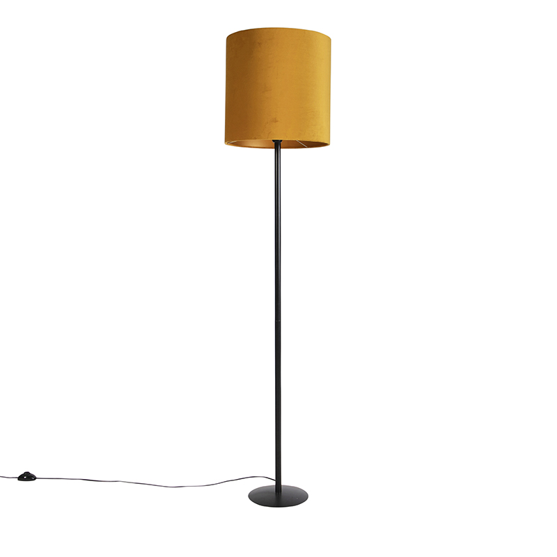 Černá stojací lampa s velurovým odstínem okrová se zlatem 40 cm - Simplo