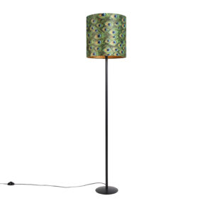 Černá stojací lampa s velurovým odstínem páv zlato 40 cm - Simplo