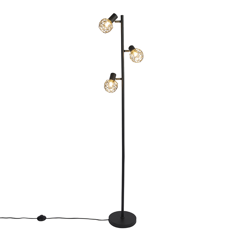 Designová stojací lampa černá se zlatým nastavením 3 světel - Mesh
