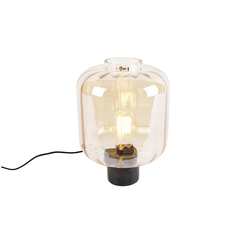 Designová stolní lampa černá s jantarovým sklem - Qara