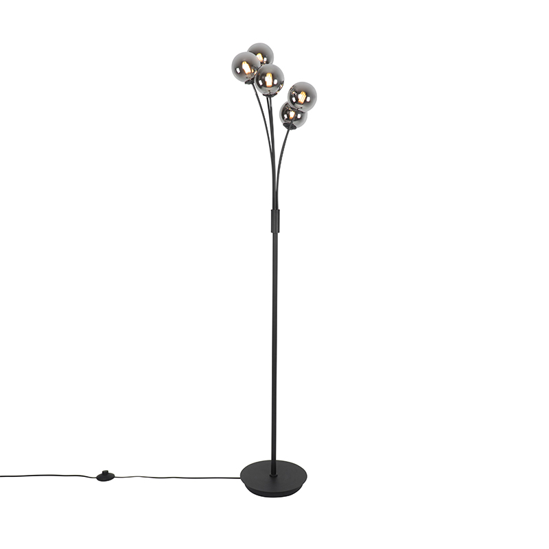 Moderní stojací lampa černá 5-světlo s kouřovým sklem - Atény