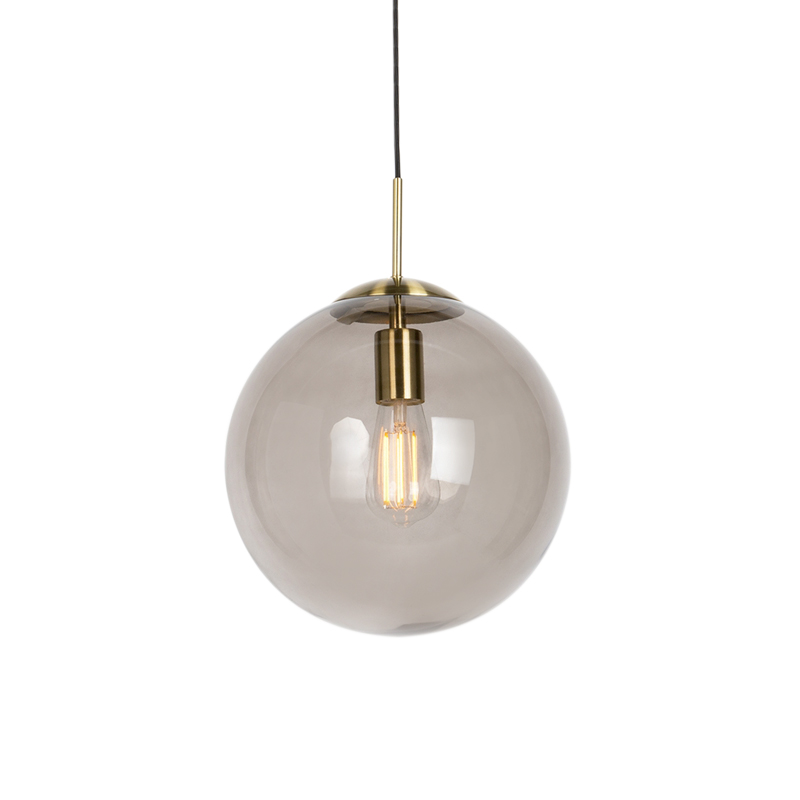 Moderní závěsná lampa mosazná s kouřovým sklem 30 cm - kulička