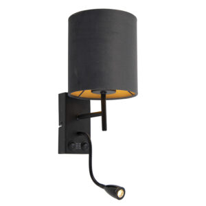 Nástěnná lampa ve stylu Art Deco černá se sametovým tmavě šedým odstínem - Stacca