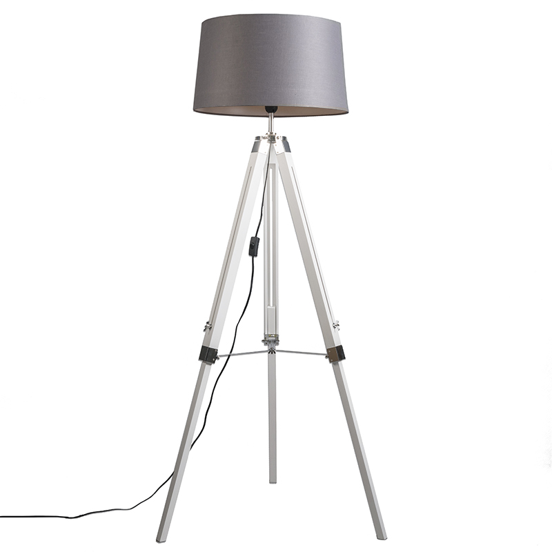 Průmyslová stojací lampa bílá se šedým plátěným odstínem - stativ