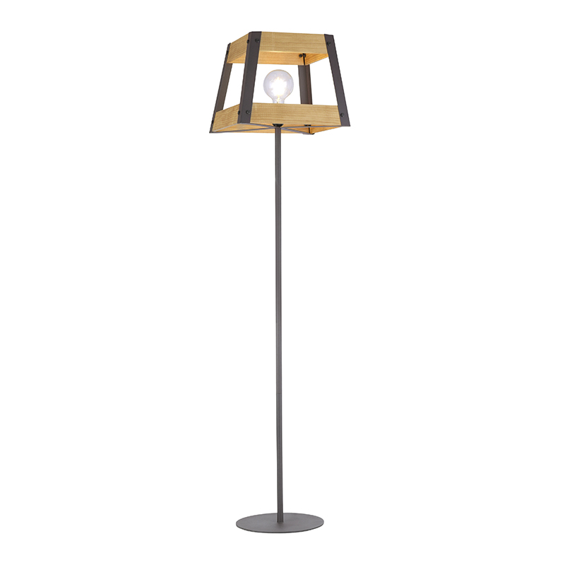Průmyslová stojací lampa černá se dřevem - Krati