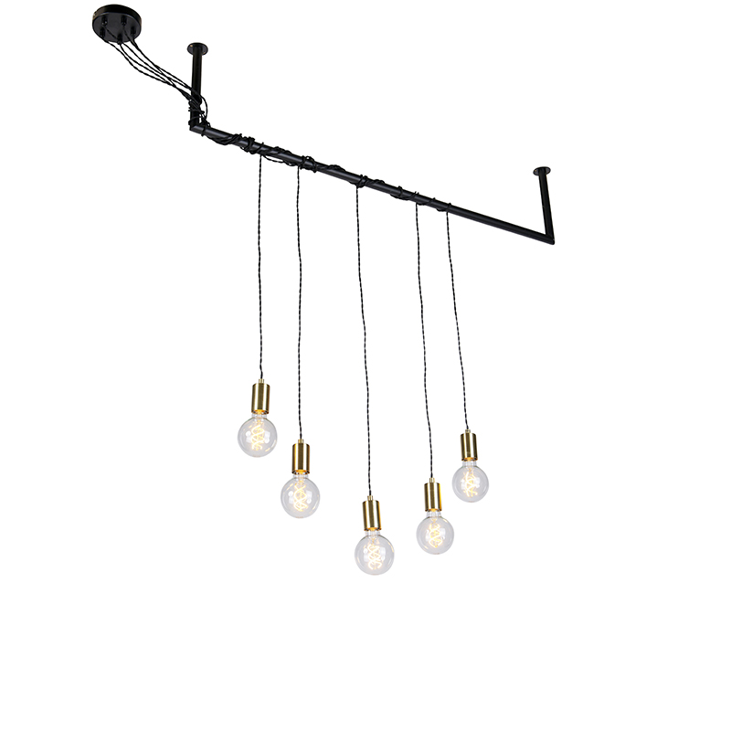 Průmyslová závěsná lampa černá s mosazí 5 světel - Cavoba