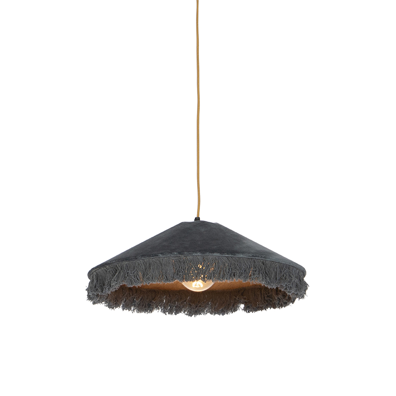 Retro závěsná lampa šedý samet s třásněmi - Frills