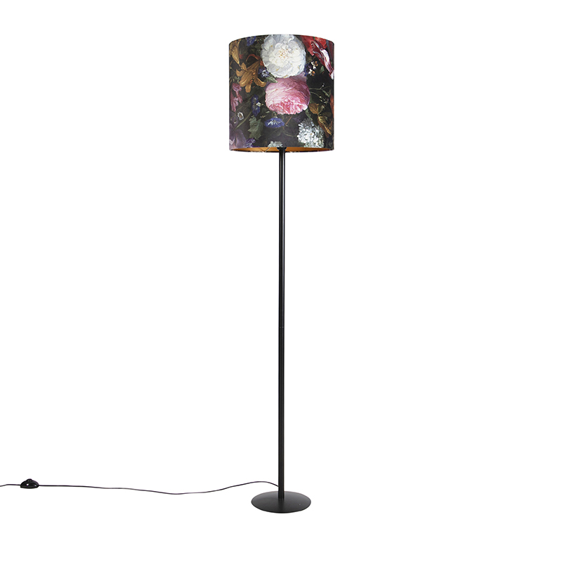 Stojací lampa černá s velurovým odstínem květinový design 40 cm - Simplo