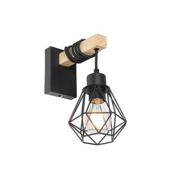 Venkovská nástěnná lampa černá se dřevem - Chon