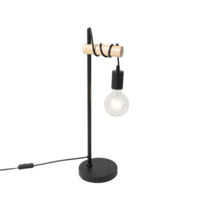 Venkovská stolní lampa černá se dřevem - Dami