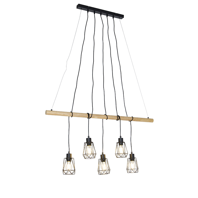 Venkovská závěsná lampa černá se 5 světly ze dřeva - rám Dami