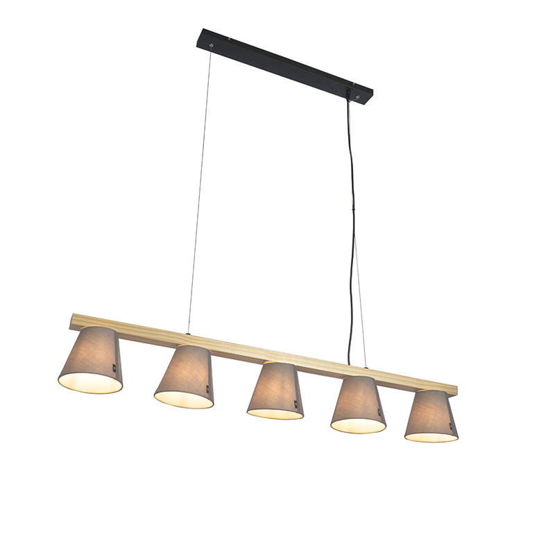 Venkovská závěsná lampa dřevo se šedým 5-světlem - Cupy