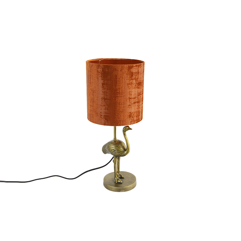 Vintage stolní lampa zlatá látka odstín červená - pštros