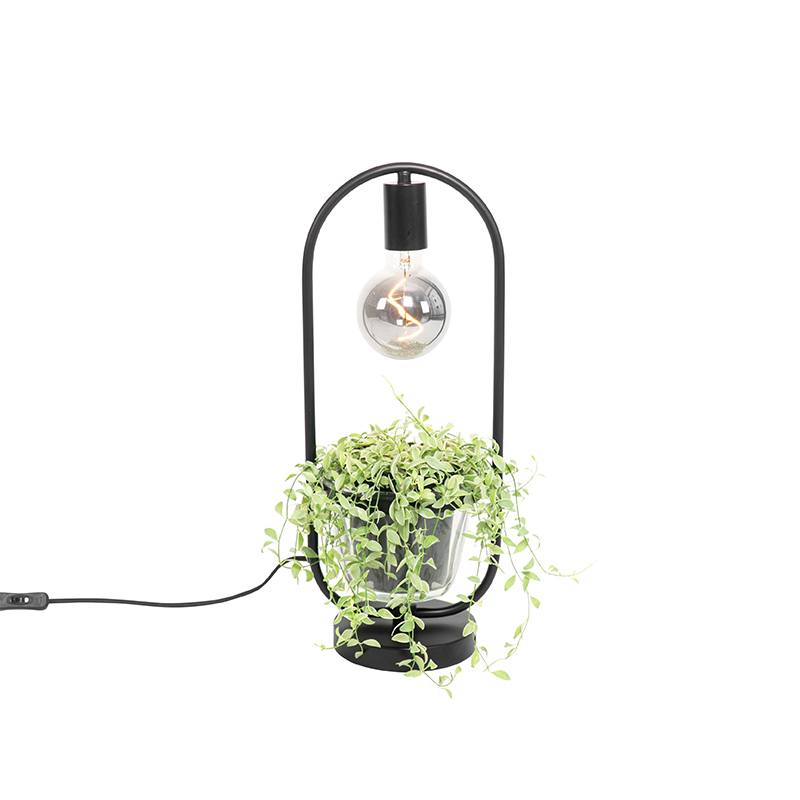 Moderní stolní lampa černá se sklem plochým kulatým - Roslini