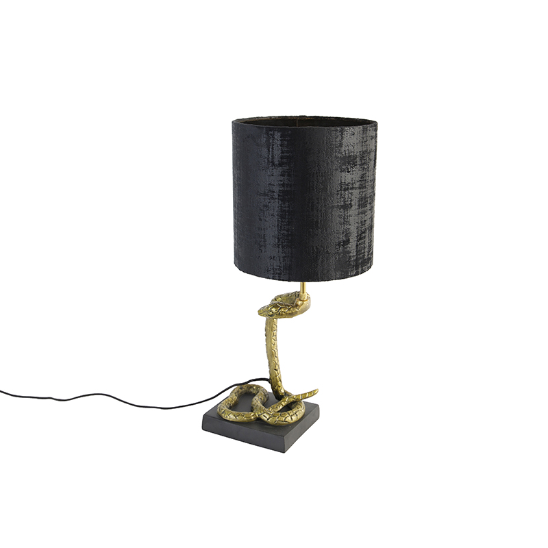 Vintage tafellamp messing met zwart met kap zwart 20 cm - Animal Slange