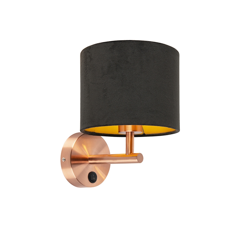 Klasická nástěnná lampa měděná s černým velurovým odstínem - Matt