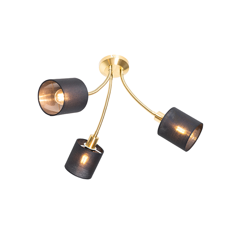 Moderne plafondlamp messing met kap zwart 3-lichts - Merwe