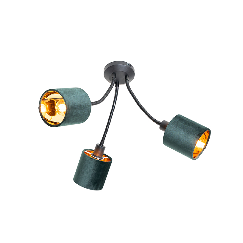 Moderne plafondlamp zwart met kap groen 3-lichts - Merwe