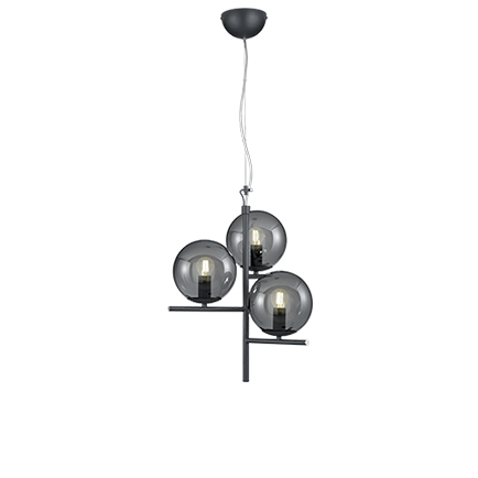 Art deco závěsná lampa černá s kouřovým sklem 3-světlo - Flore