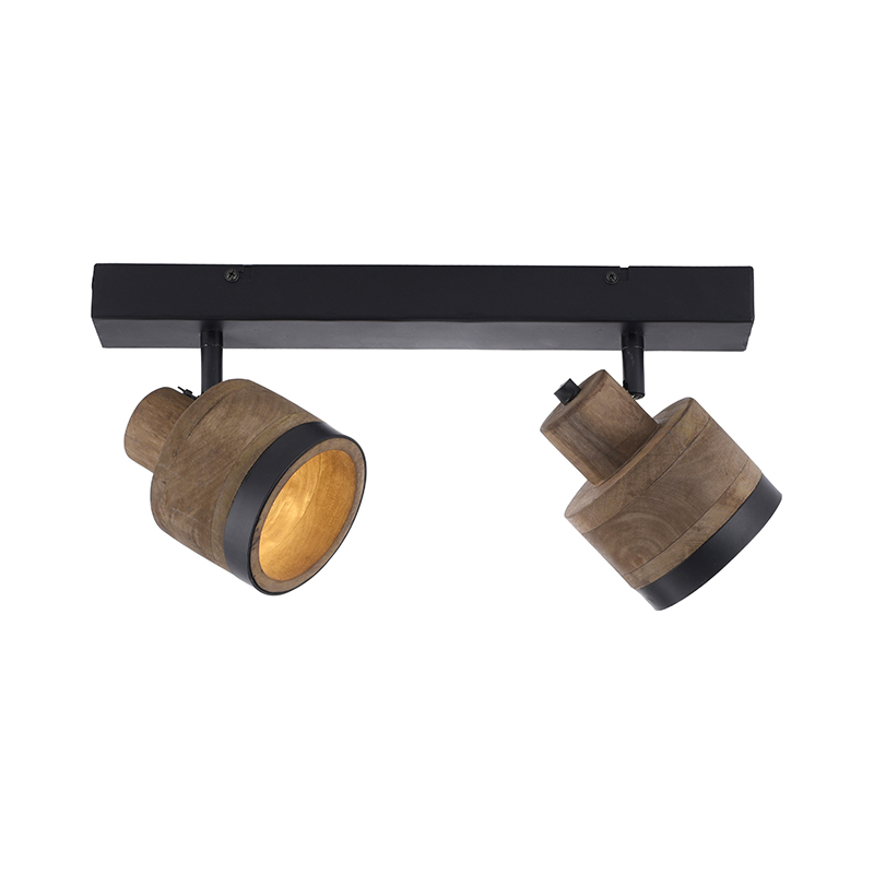 Vintage plafondspot zwart met hout 2-lichts - Romy