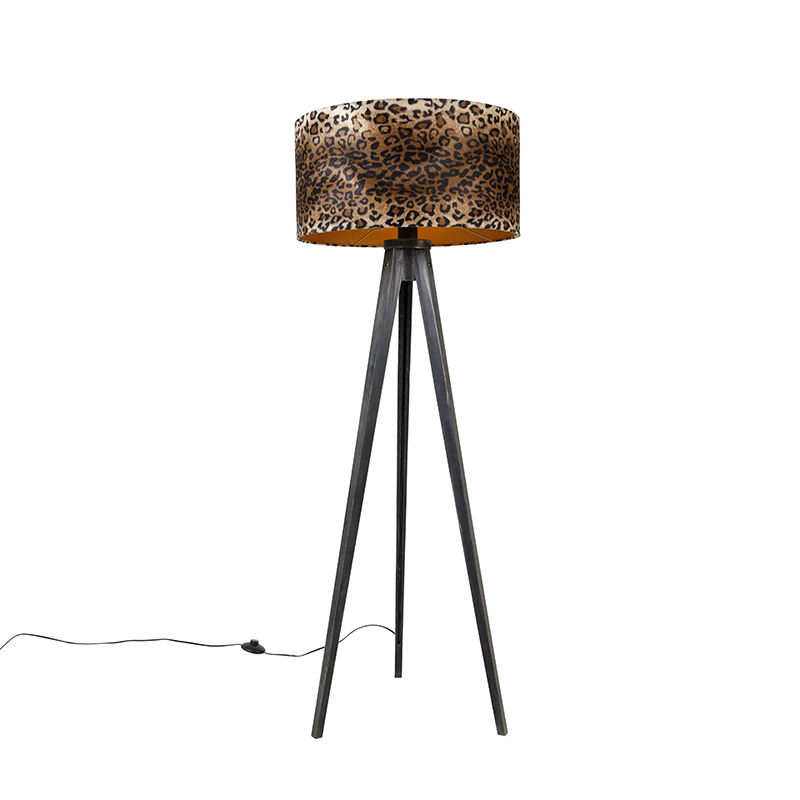 Vloerlamp tripod zwart met kap luipaard 50 cm - Tripod Classic