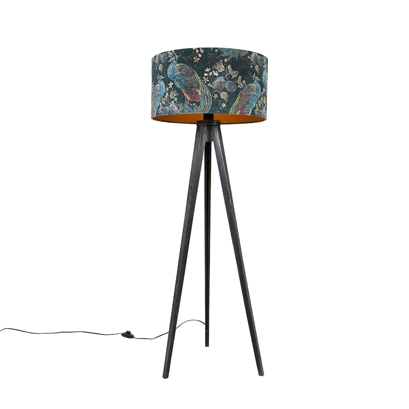 Vloerlamp tripod zwart met kap pauw 50 cm - Tripod Classic