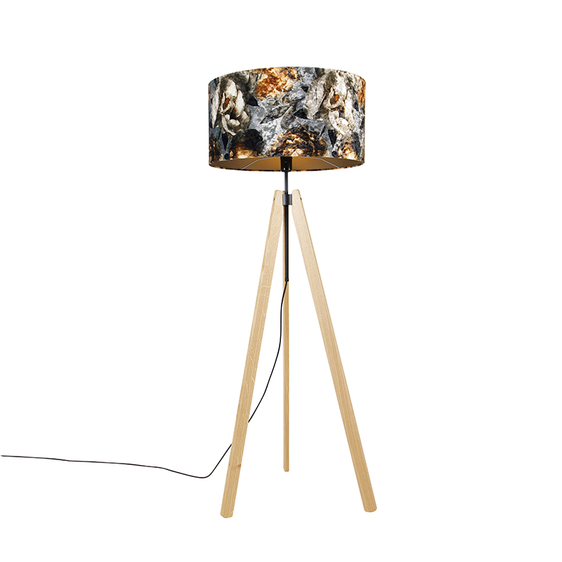Stojací lampa dřevěná s látkovými odstíny květů 50 cm - Telu