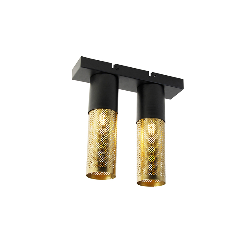 Industriële plafondlamp zwart met goud 2-lichts - Raspi